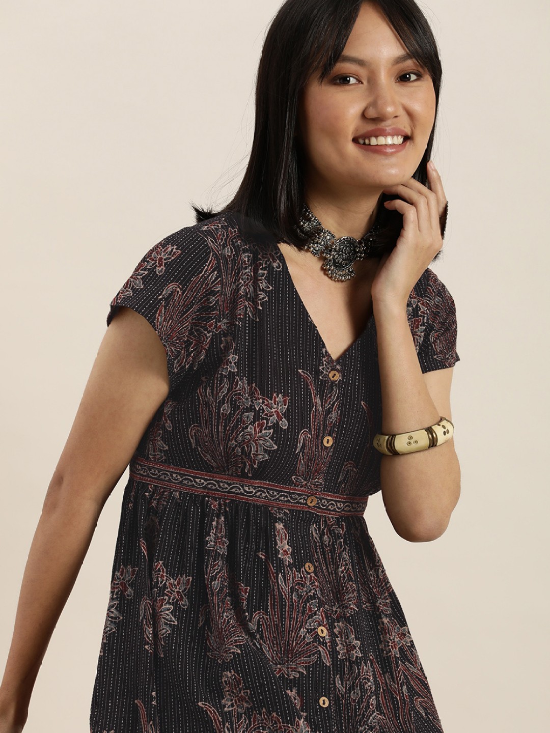 

Taavi Ajrakh Hand Block Print Cotton Sustainable A-Line Dress, Black