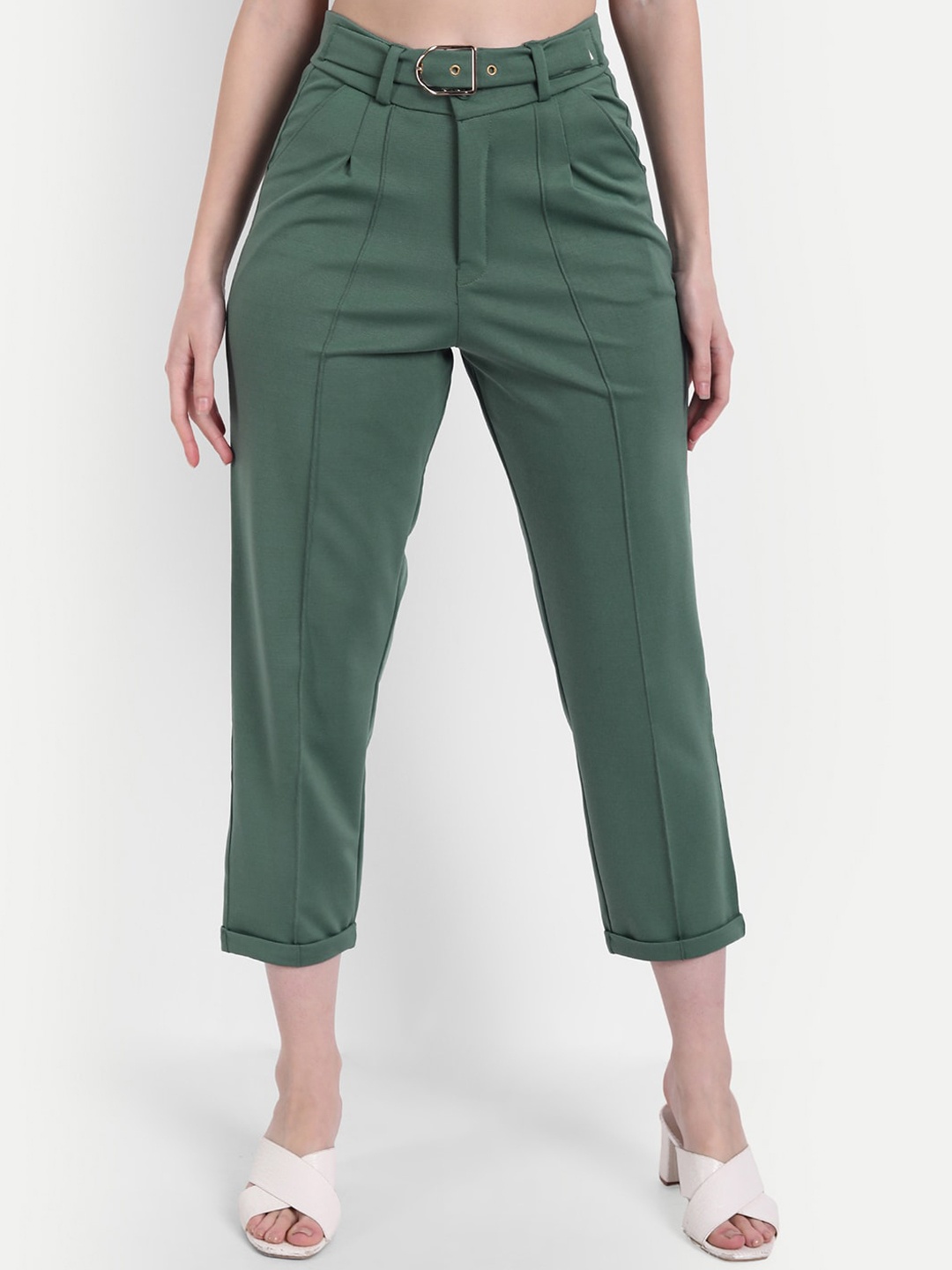 

BROADSTAR Women Green Loose Fit High-Rise Easy Wash Pleated Trousers