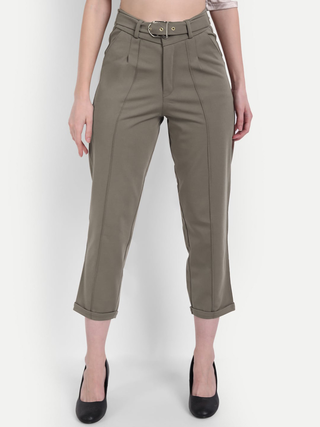 

BROADSTAR Women Olive Green Loose Fit High-Rise Easy Wash Trousers