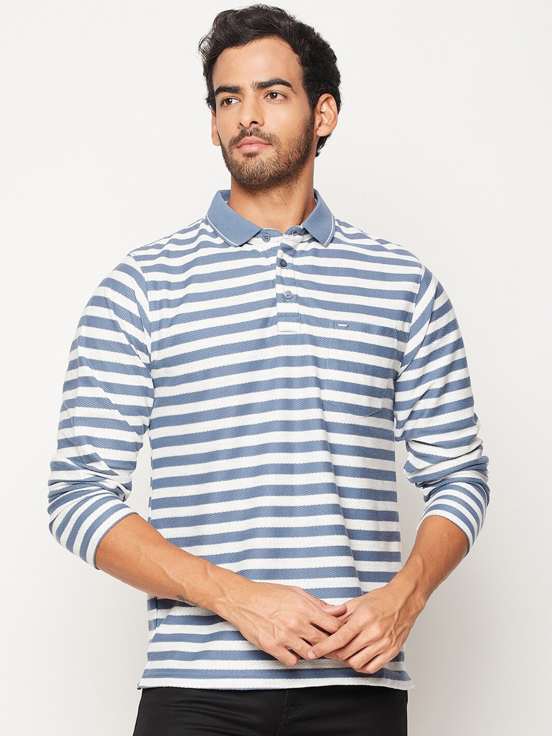 

Okane Men Blue Striped Polo Collar T-shirt