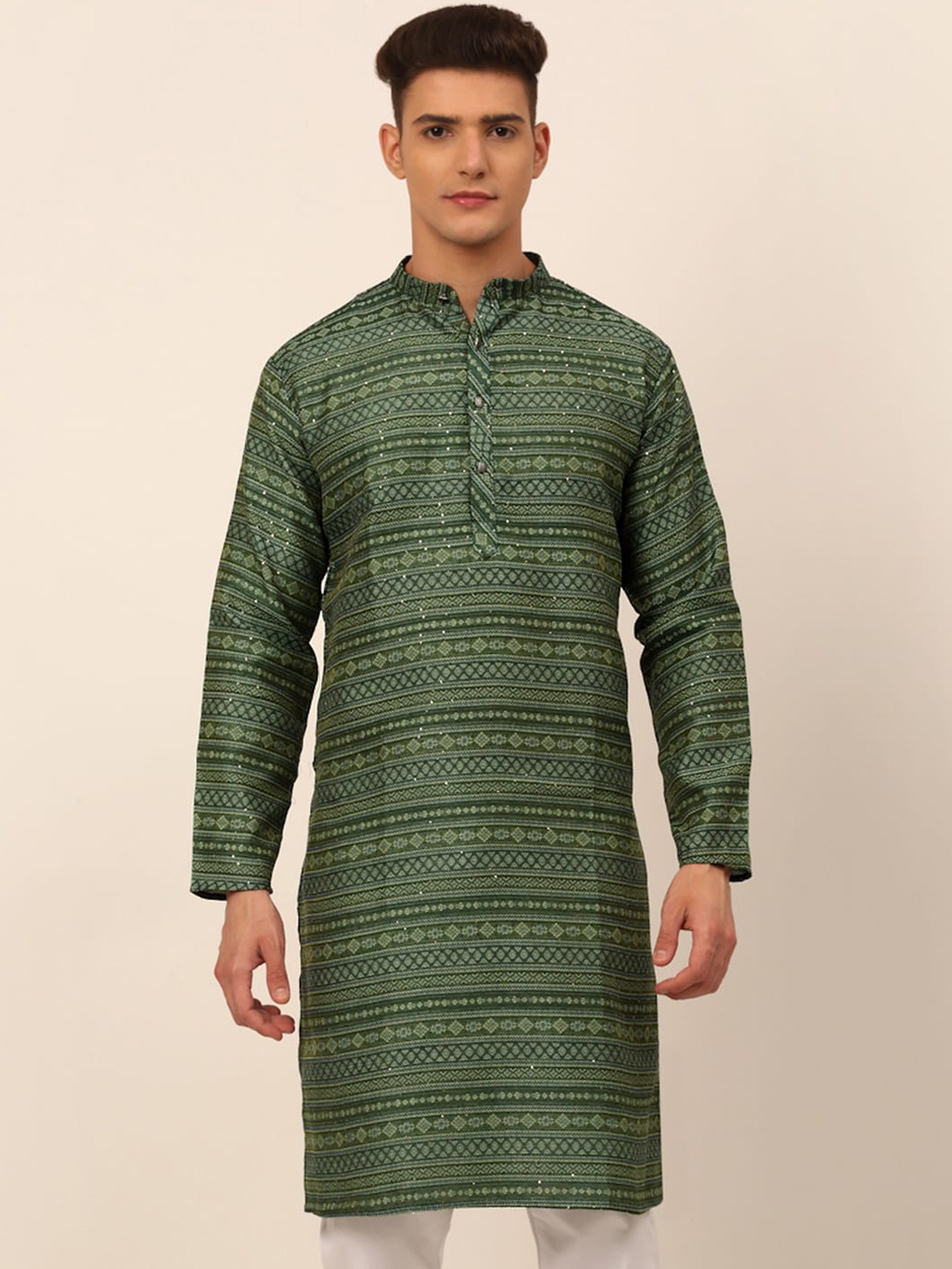 

Jompers Men Green Geometric Thread Work Kurta