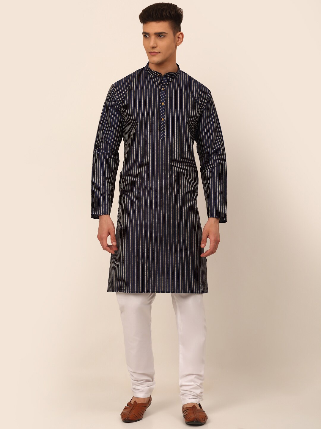 

Jompers Men Navy Blue Striped Pleated Chikankari Kurta with Trousers
