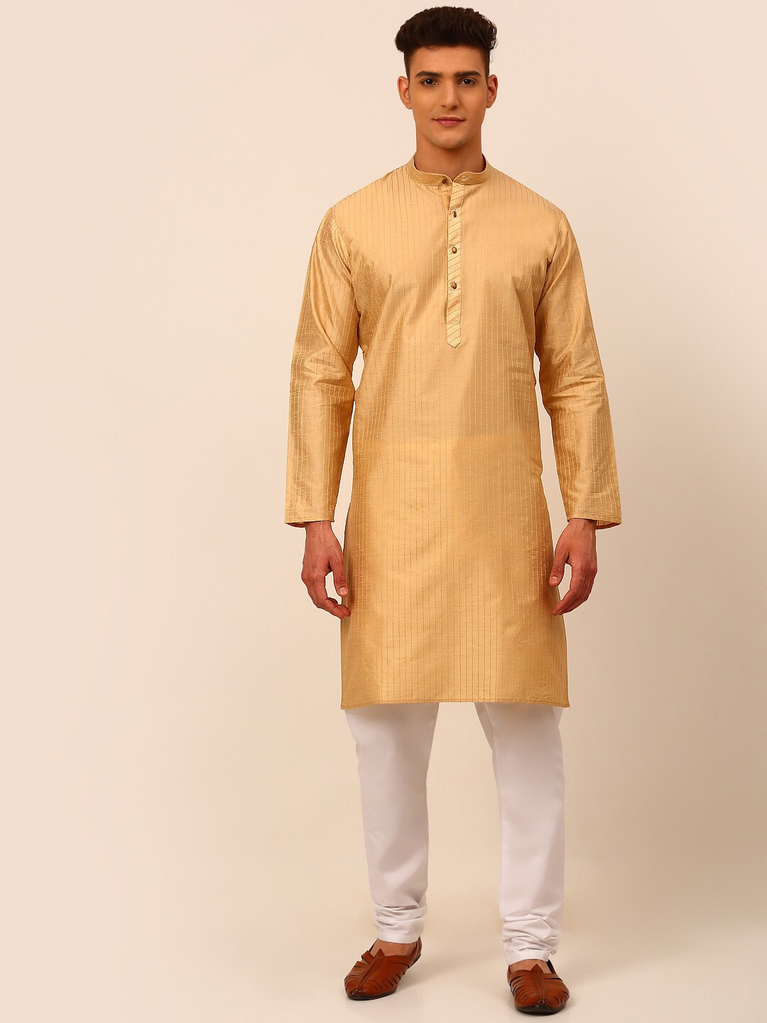 

Jompers Men Gold-Toned Angrakha Chikankari Kurta with Churidar