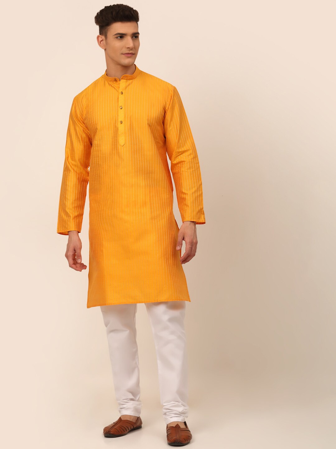 

Jompers Men Mustard Yellow Chikankari Kurta with Churidar