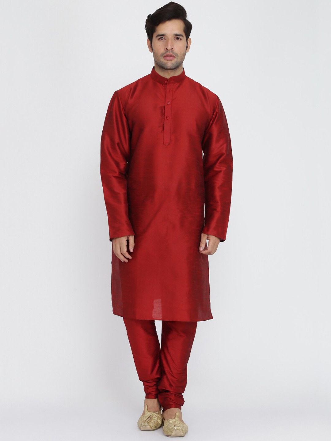 

ROYAL KURTA Men Maroon Embroidered High Slit Dupion Silk Kurti with Pyjamas & With Dupatta