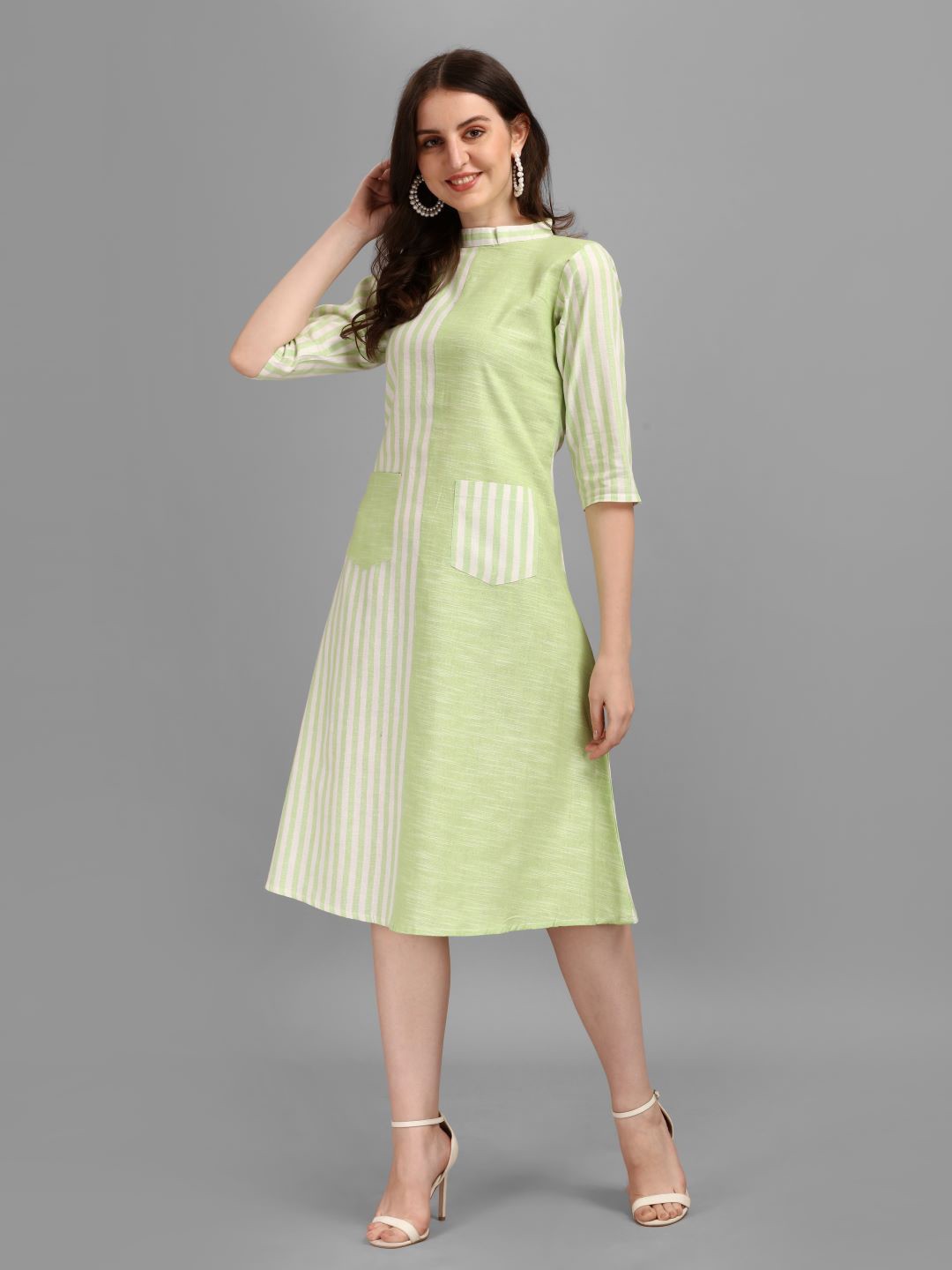 

GUFRINA Green Striped A-Line Midi Dress
