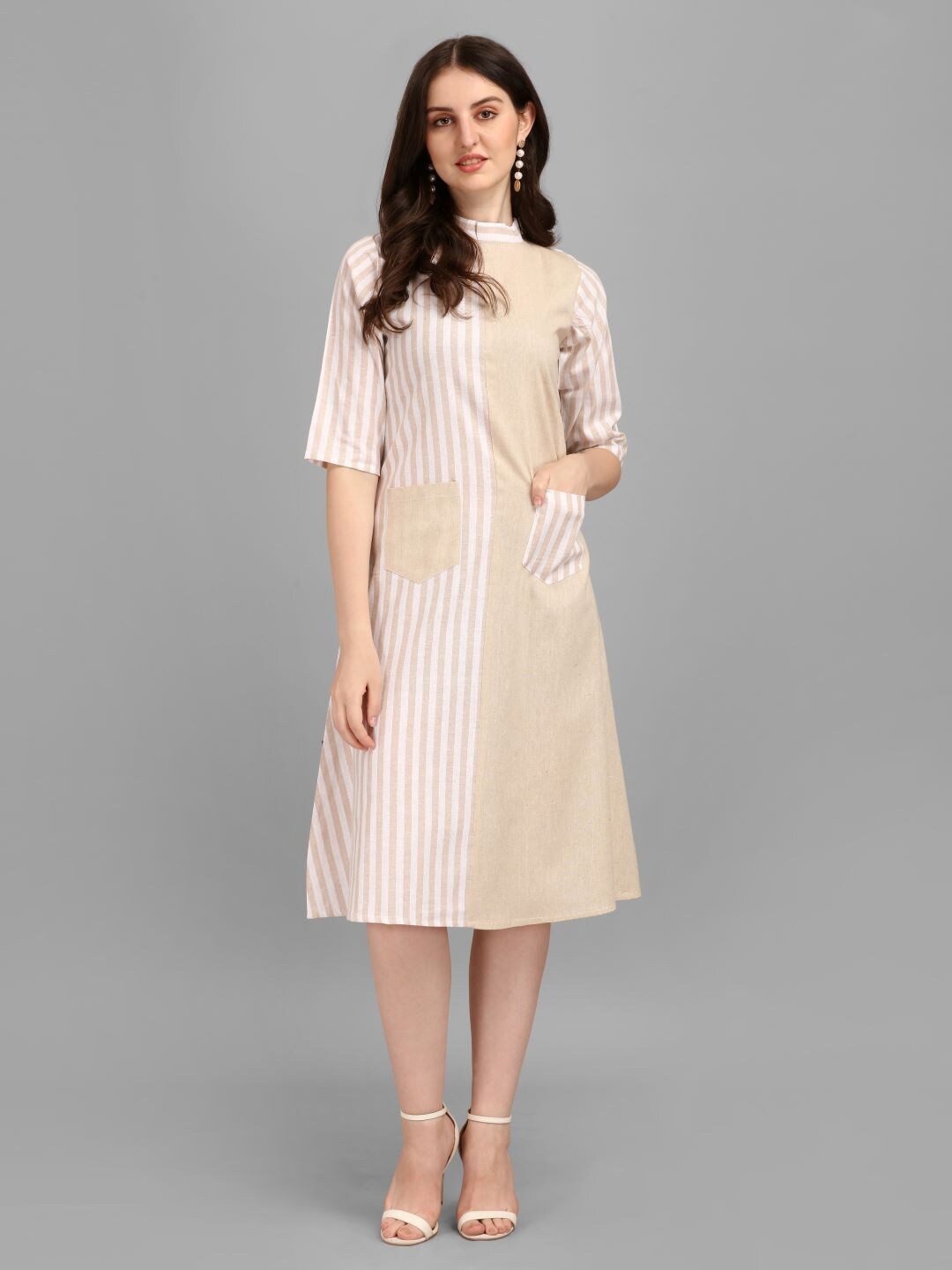 

GUFRINA Beige Striped A-Line Midi Dress