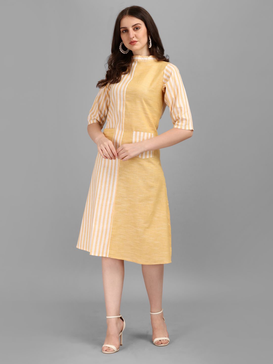 

GUFRINA Yellow Striped A-Line Midi Dress
