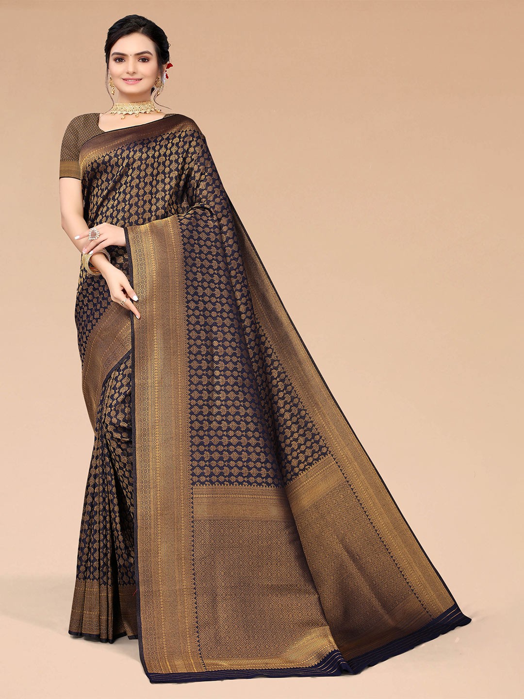

Mitera Navy Blue & Gold-Toned Ethnic Motifs Zari Silk Blend Banarasi Saree