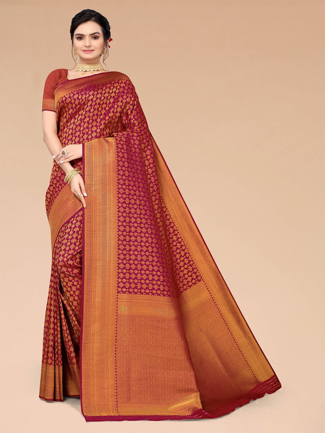 

Mitera Pink Ethnic Motifs Zari Silk Blend Banarasi Saree