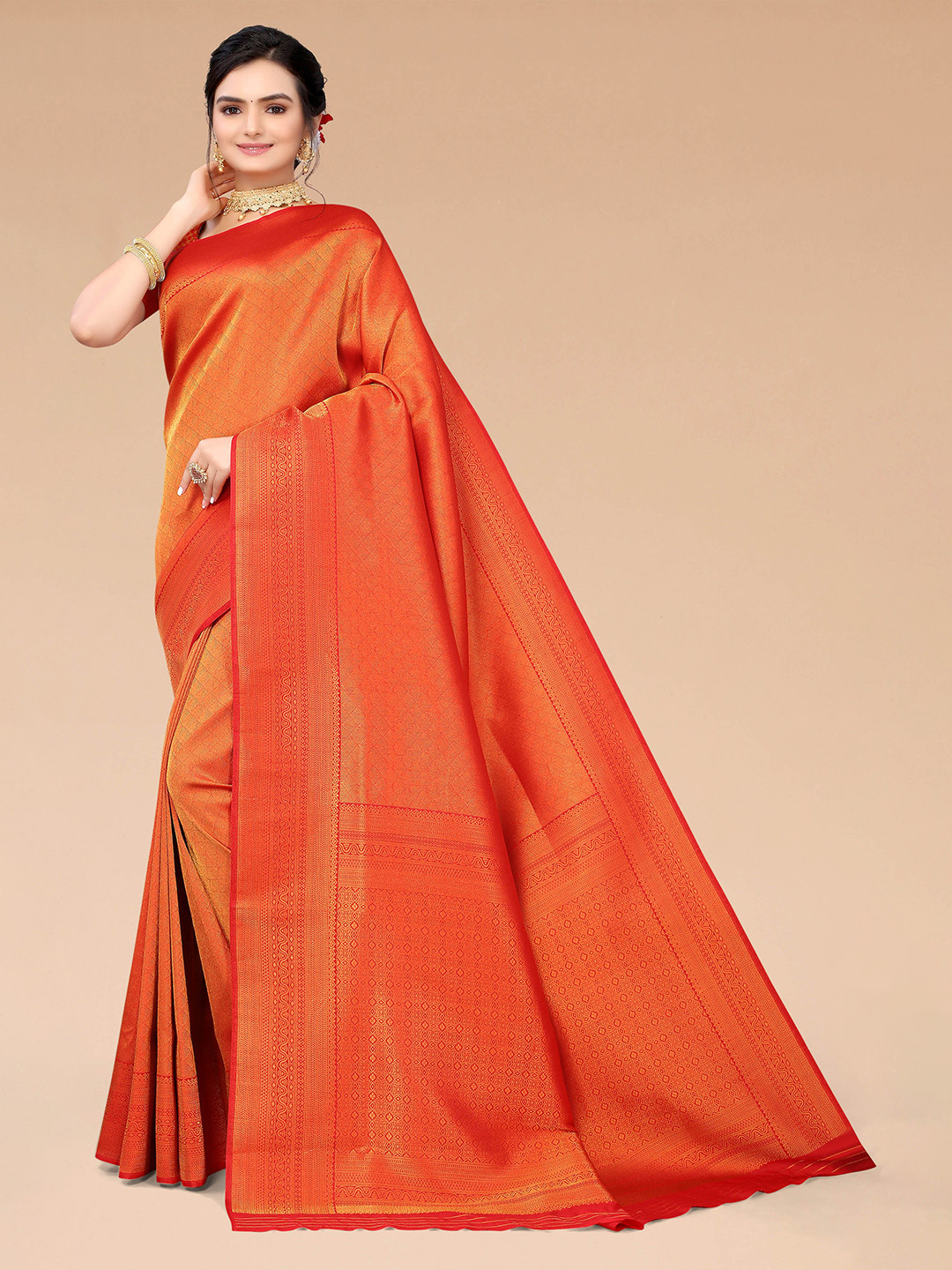 

Mitera Red & Gold-Toned Ethnic Motifs Zari Silk Blend Banarasi Saree