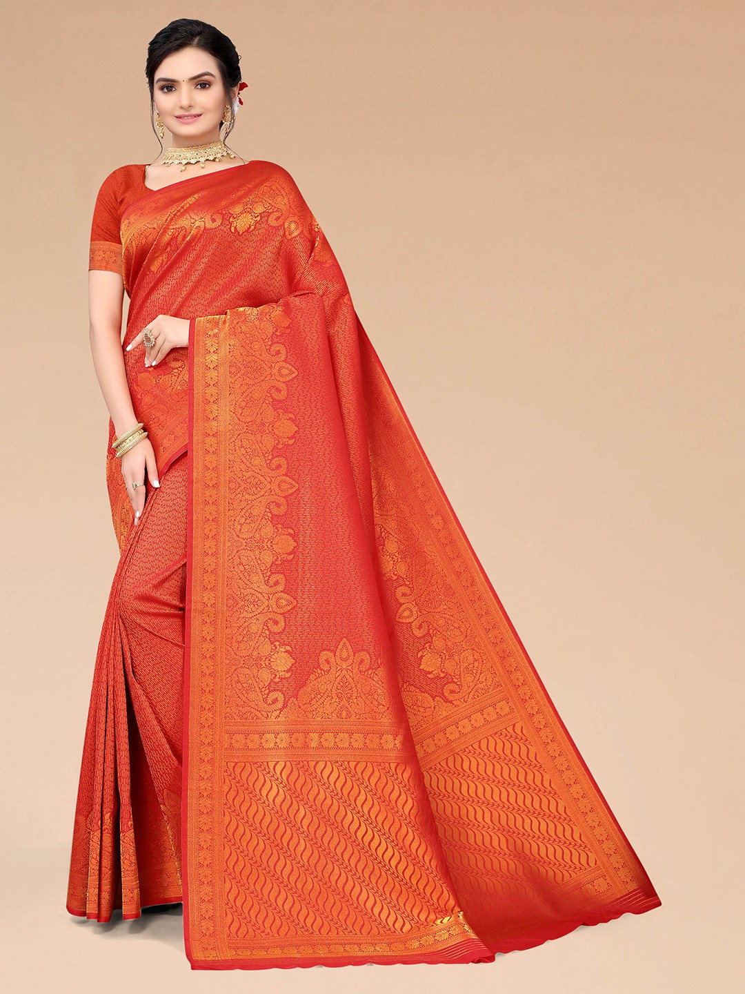 

Mitera Red & Gold-Toned Ethnic Motifs Zari Silk Blend Banarasi Saree