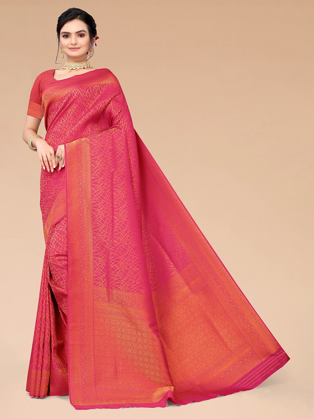 

Mitera Pink & Gold-Toned Ethnic Motifs Zari Silk Blend Banarasi Saree