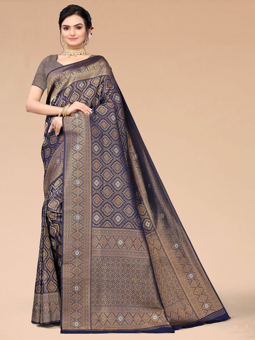

Mitera Navy Blue & Gold-Toned Ethnic Motifs Zari Silk Blend Banarasi Saree