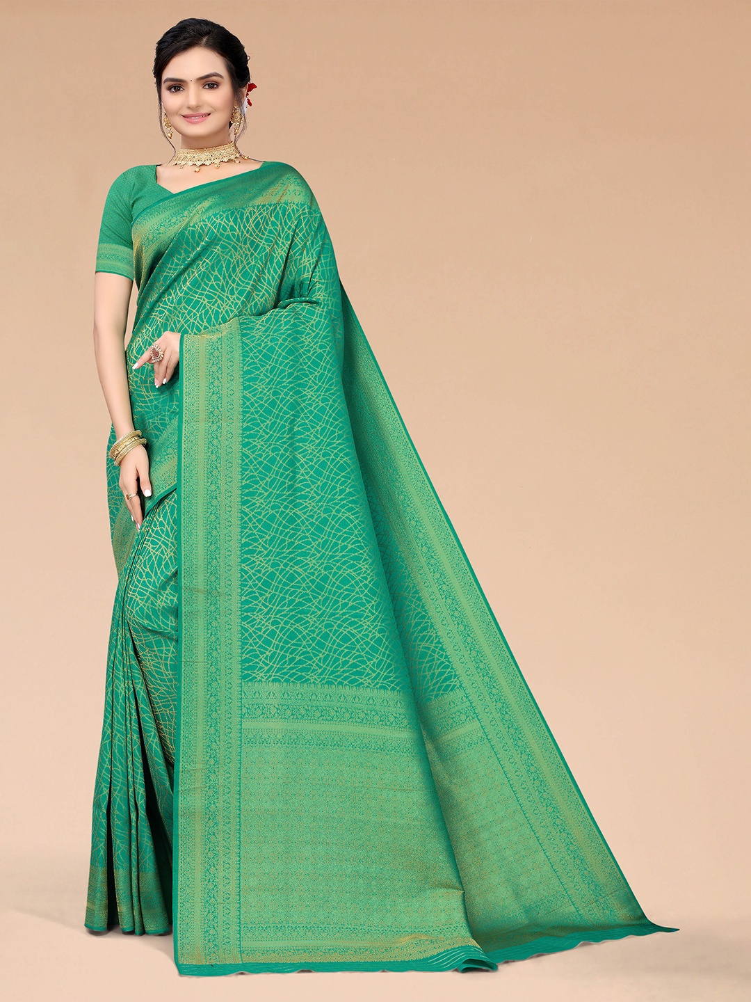 

Mitera Green Ethnic Motifs Zari Silk Blend Banarasi Saree