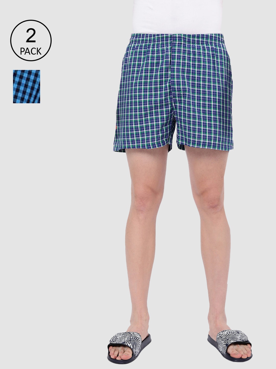 

R&B Men Pack Of 2 Blue & Green Checked Pure Cotton Boxers