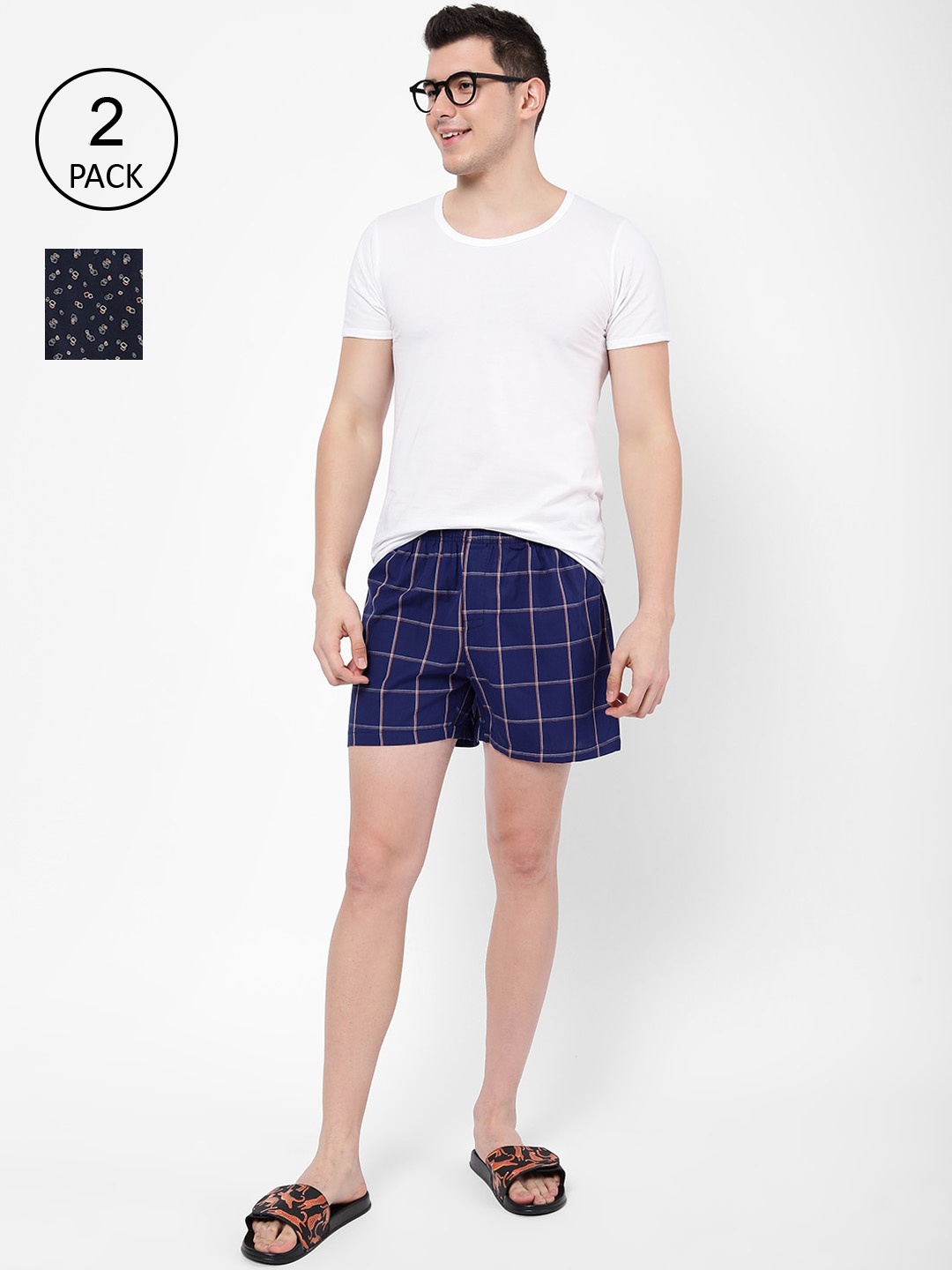 

R&B Men Pack Of 2 Printed Pure Cotton Boxers, Navy blue