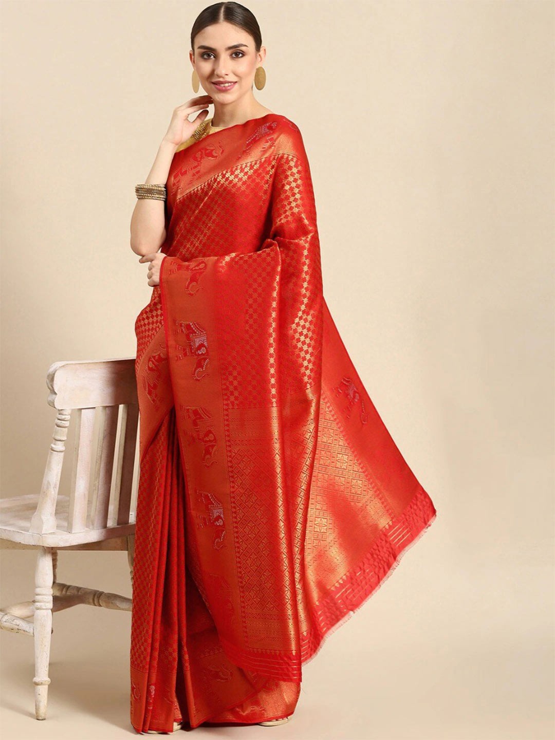 

Nimayaa Red & Gold-Toned Ethnic Motifs Zari Silk Blend Banarasi Saree