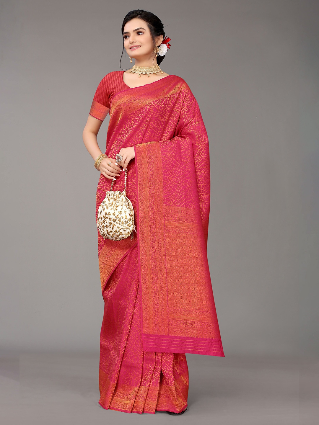 

Nimayaa Pink & Gold-Toned Ethnic Motifs Zari Silk Blend Banarasi Saree