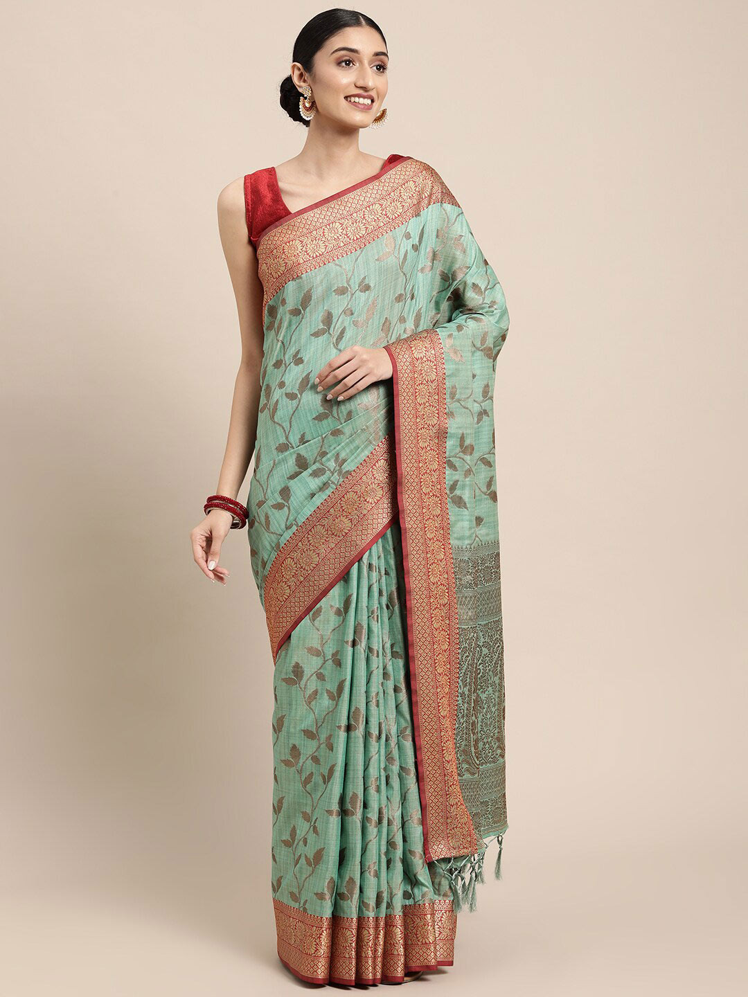 

GAJARAI Turquoise Blue & Red Woven Design Zari Organza Banarasi Saree