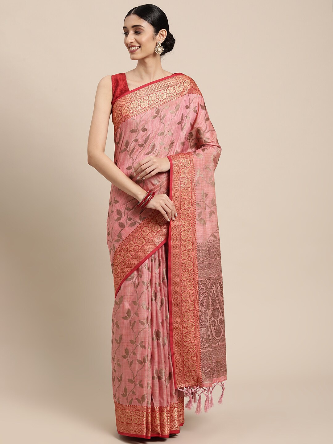 

GAJARAI Pink & Gold-Toned Woven Design Zari Organza Banarasi Saree