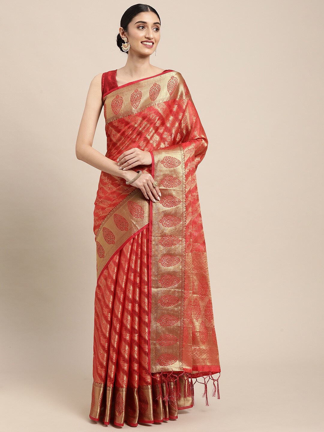 

GAJARAI Red & Gold-Toned Woven Design Zari Organza Banarasi Saree