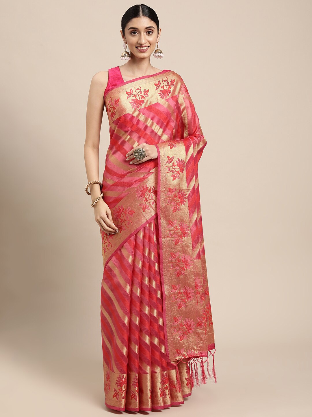 

GAJARAI Pink & Gold-Toned Woven Design Zari Organza Banarasi Saree