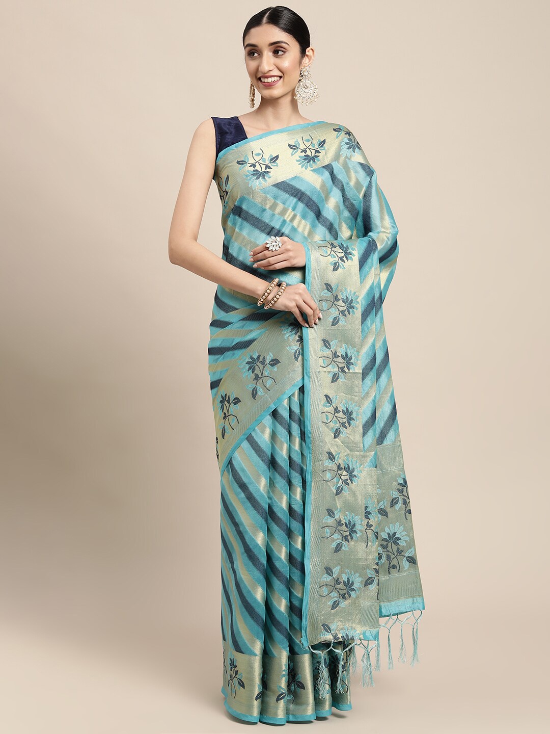 

GAJARAI Turquoise Blue & Gold-Toned Woven Design Zari Organza Banarasi Saree