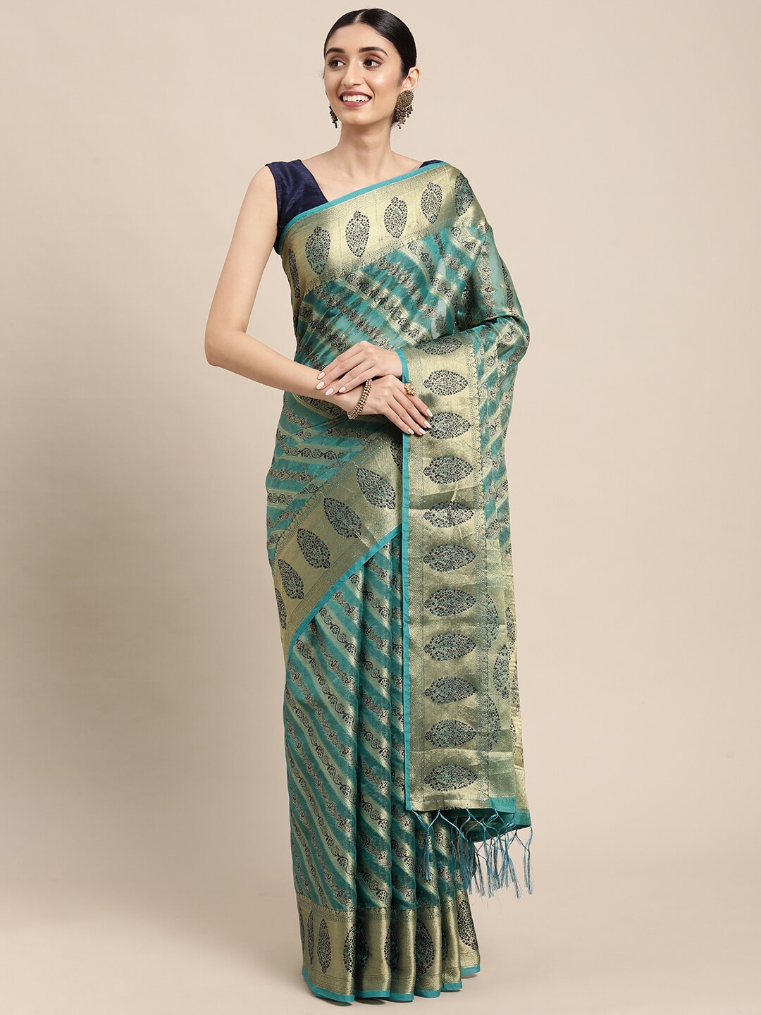 

GAJARAI Turquoise Blue & Gold-Toned Woven Design Zari Organza Banarasi Saree