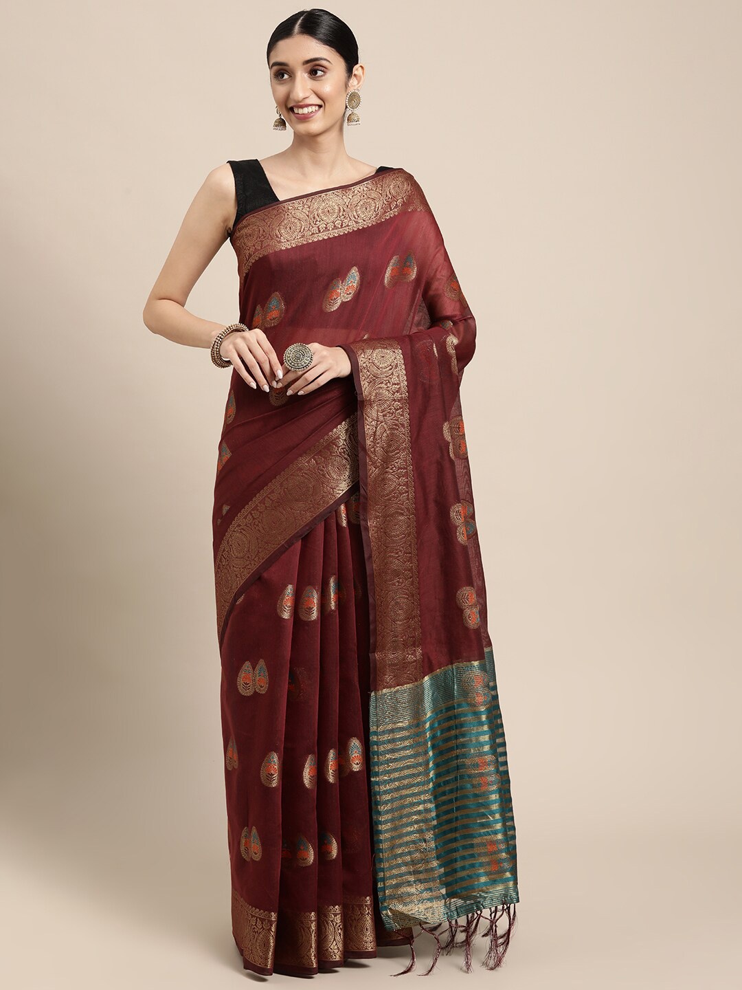 

GAJARAI Maroon & Green Woven Design Zari Organza Banarasi Saree