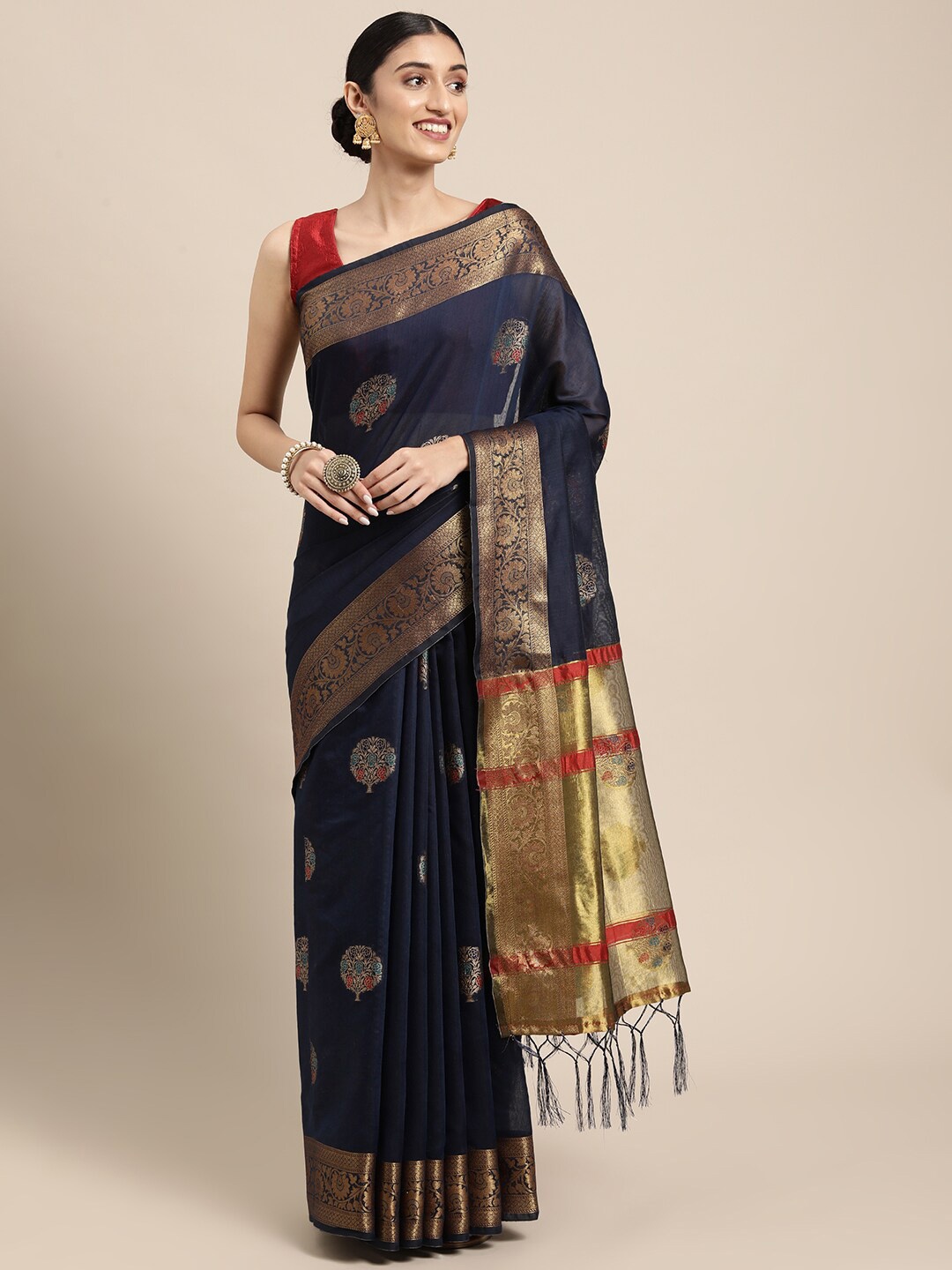 

GAJARAI Navy Blue & Gold-Toned Woven Design Zari Chanderi Saree