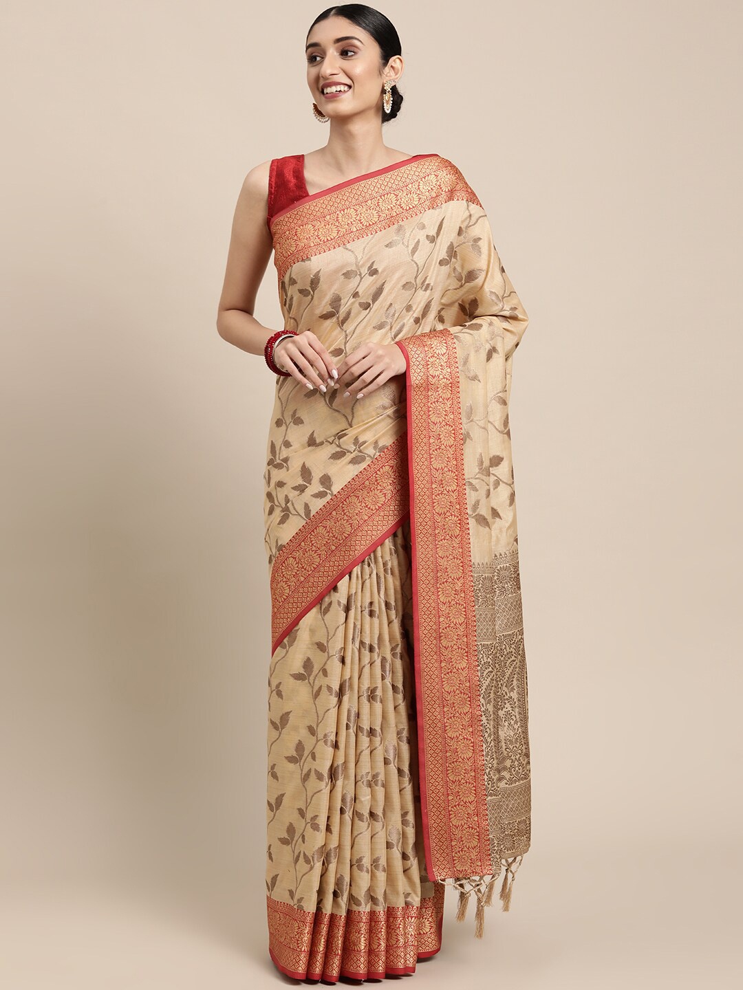 

GAJARAI Beige & Pink Woven Design Zari Organza Banarasi Saree