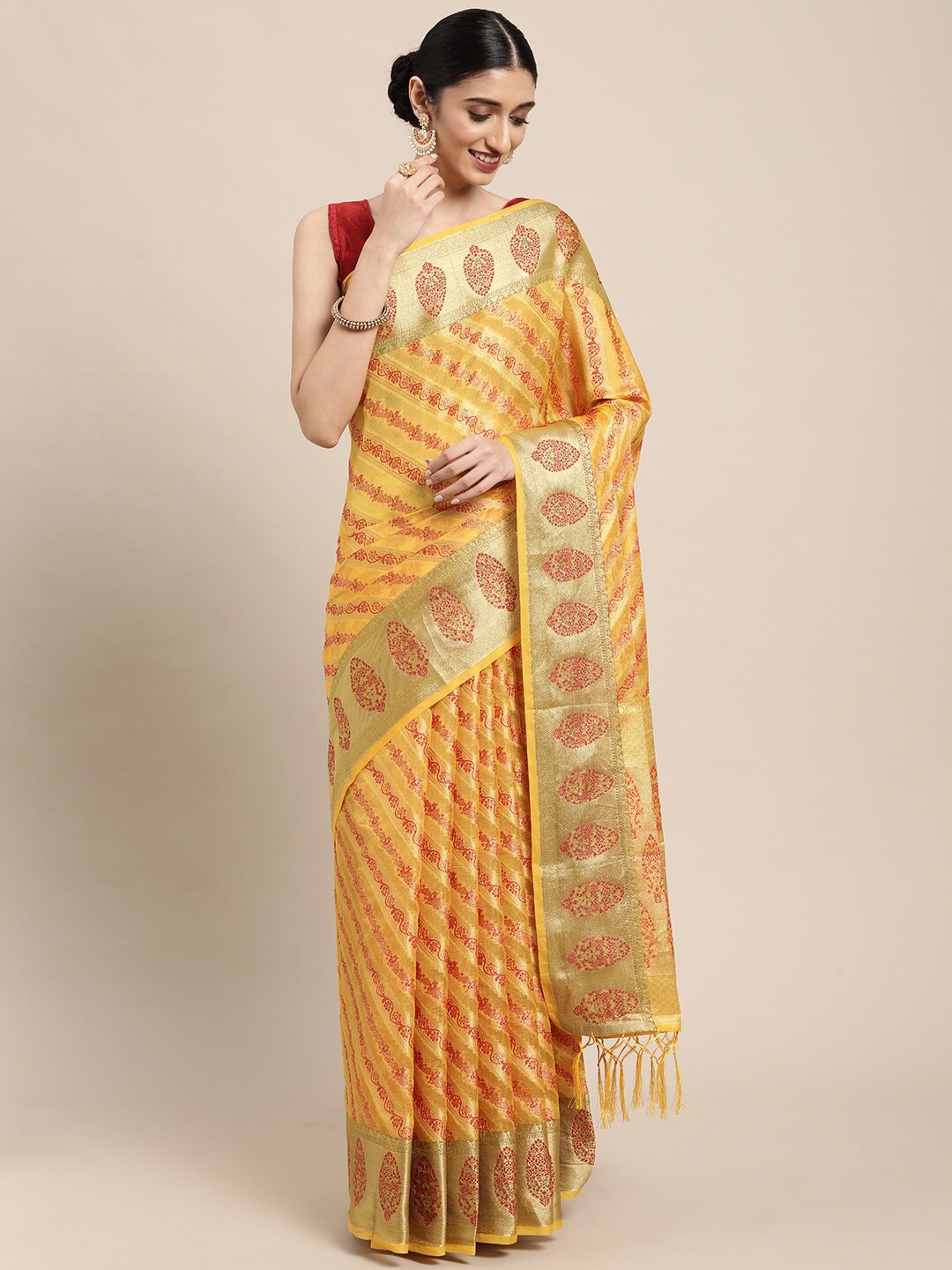 

GAJARAI Yellow & Red Woven Design Zari Organza Banarasi Saree