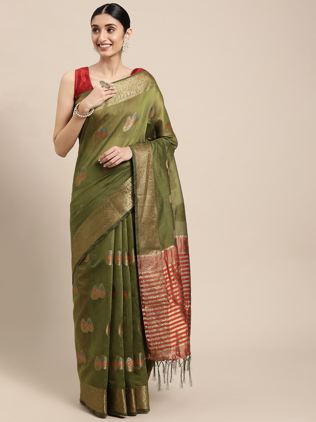 

GAJARAI Green & Gold-Toned Woven Design Zari Organza Banarasi Saree