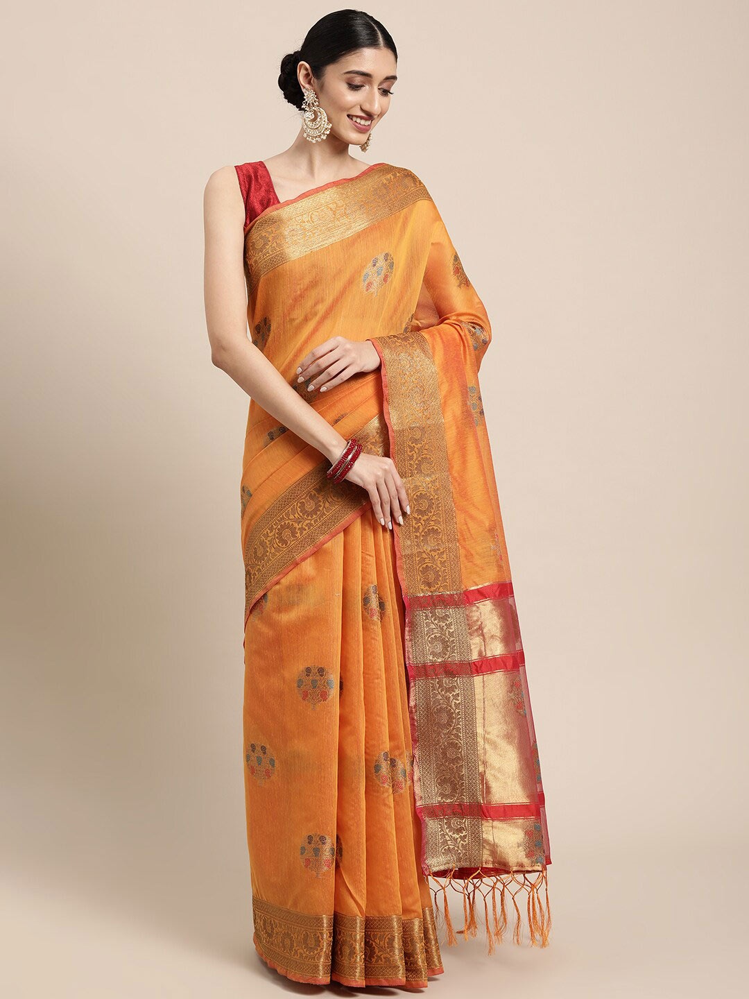 

GAJARAI Yellow & Red Woven Design Zari Chanderi Saree