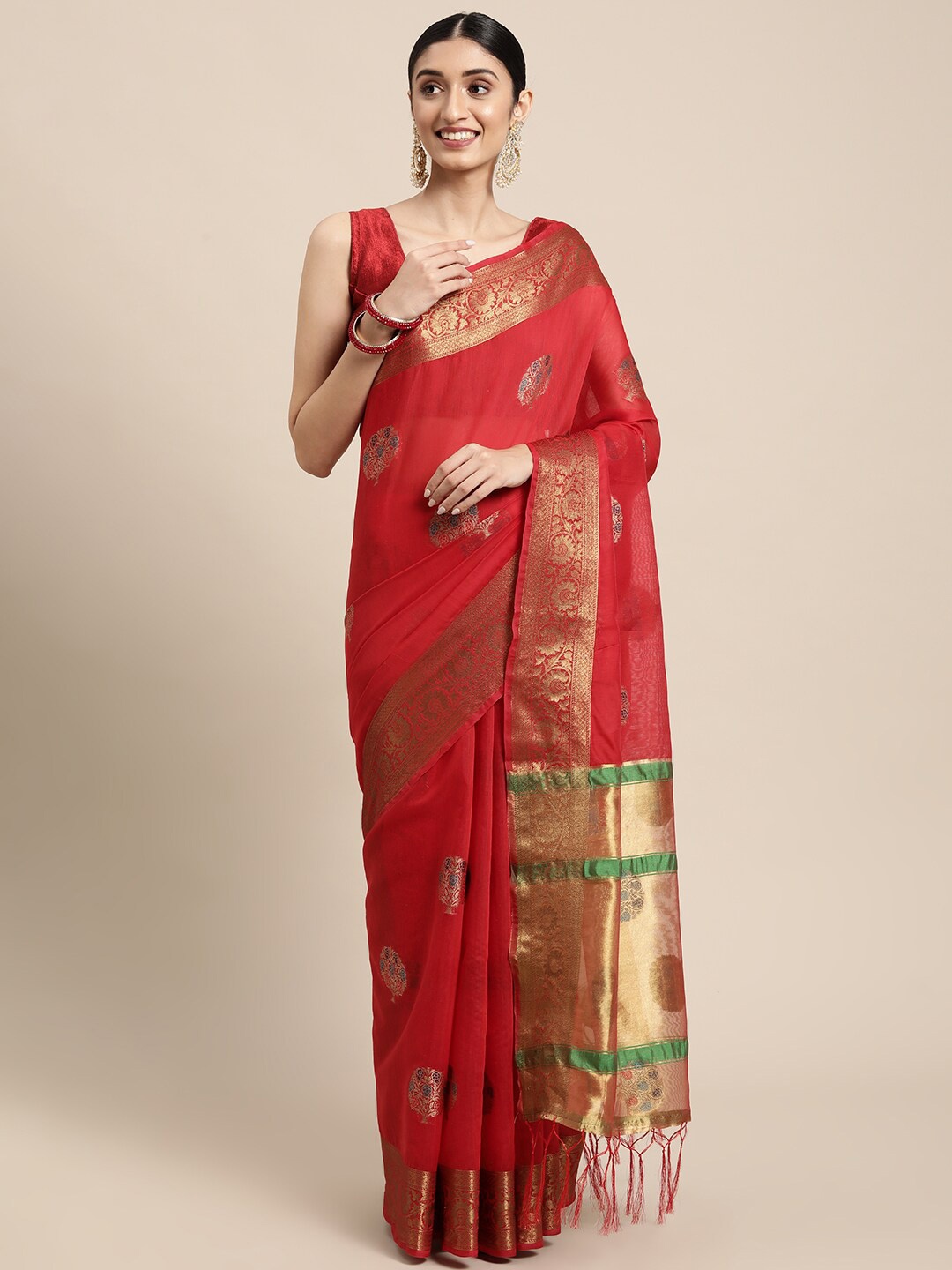 

GAJARAI Red & Gold-Toned Woven Design Zari Chanderi Saree