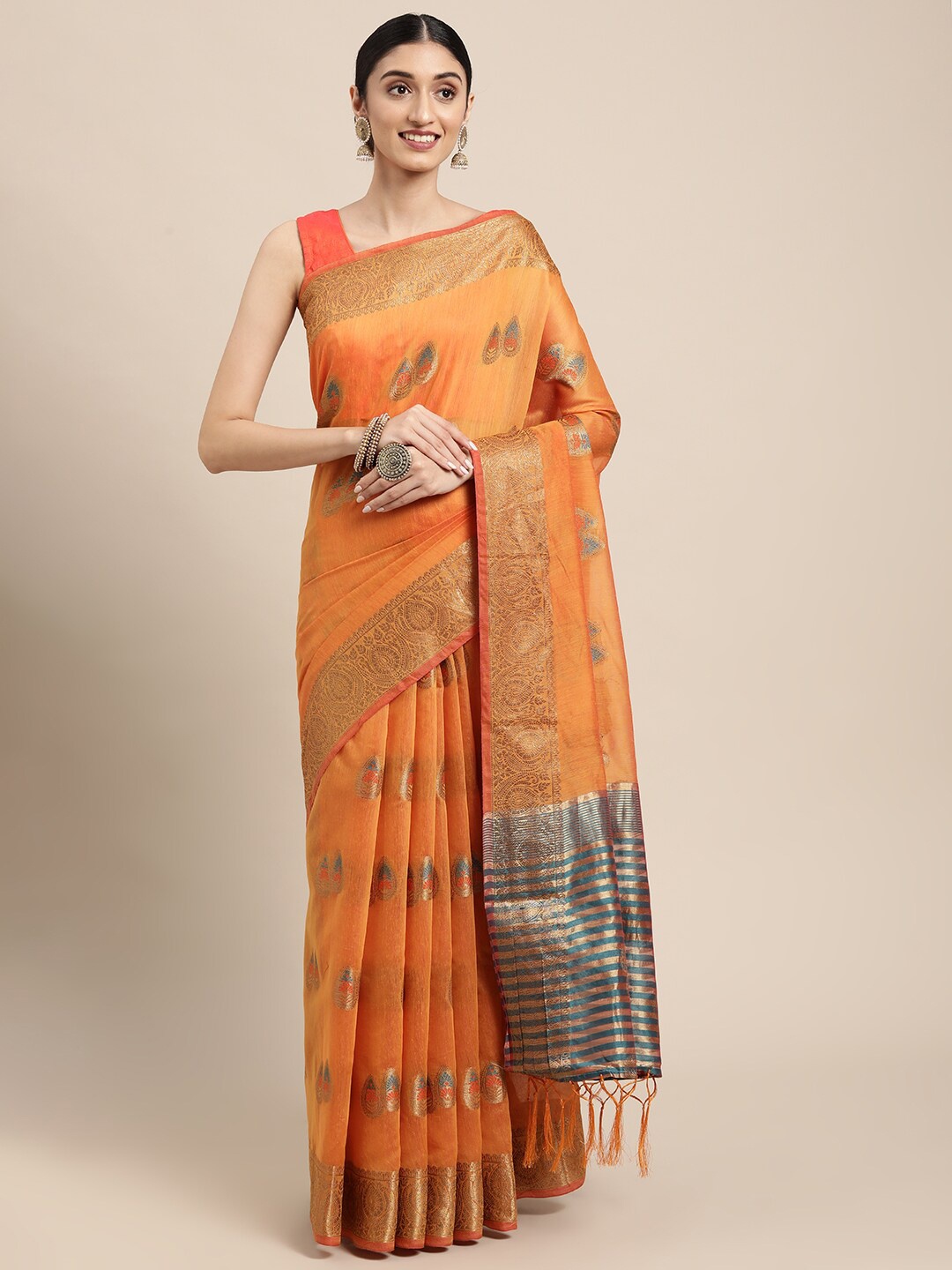 

GAJARAI Orange & Gold-Toned Woven Design Zari Organza Banarasi Saree