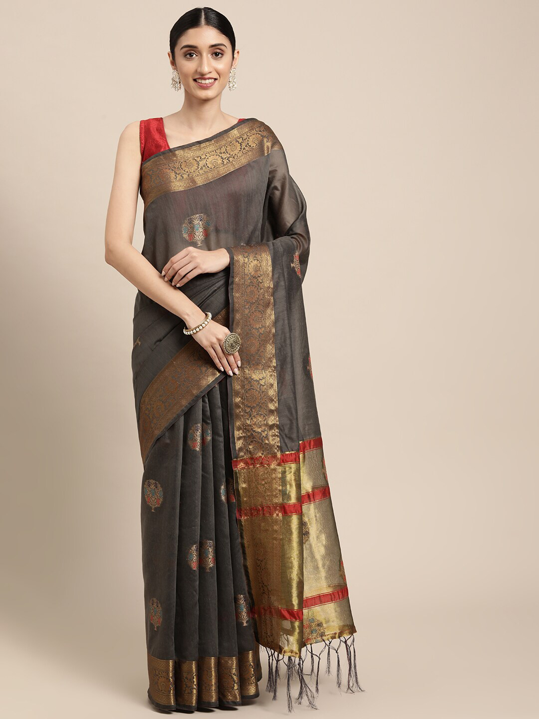 

GAJARAI Grey & Gold-Toned Woven Design Zari Chanderi Saree