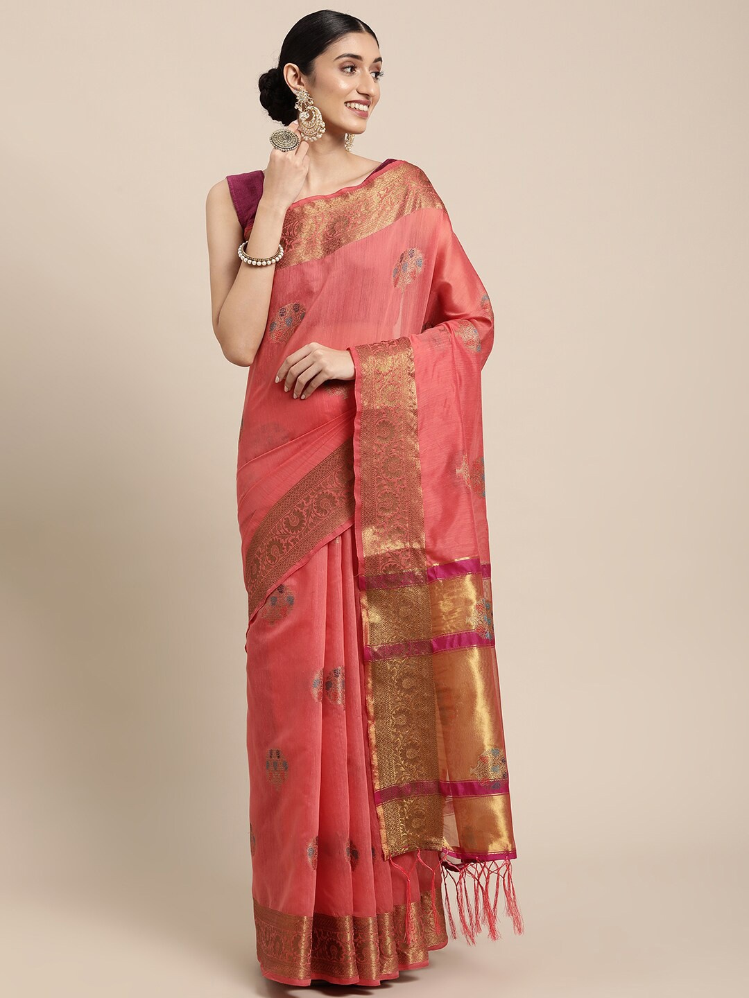 

GAJARAI Peach-Coloured & Gold-Toned Woven Design Zari Chanderi Saree