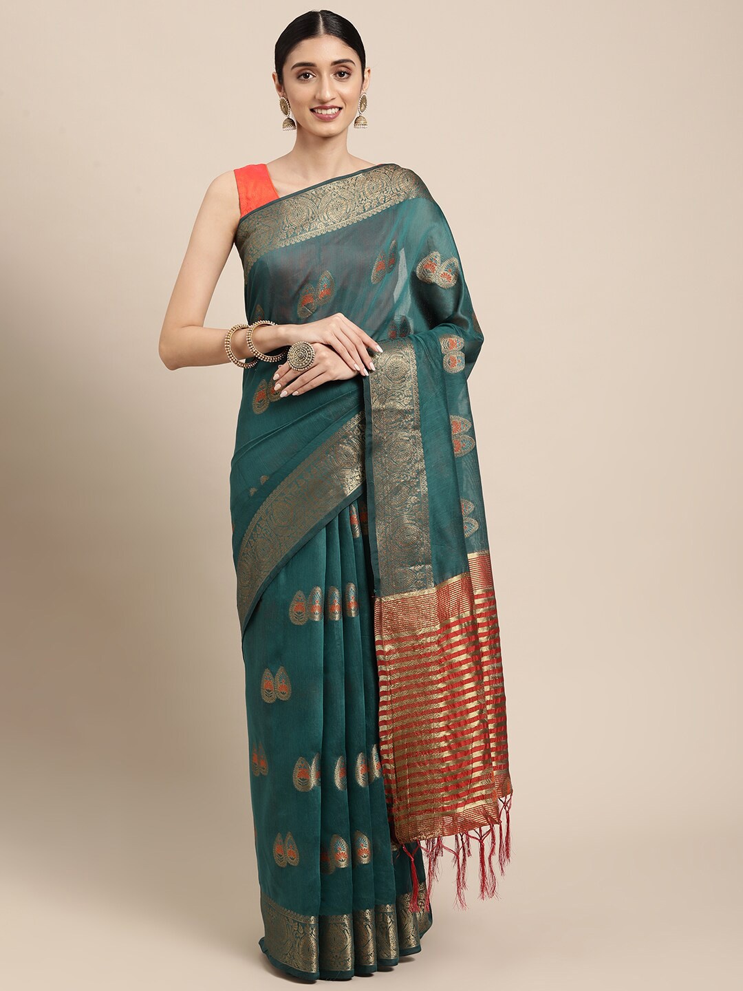 

GAJARAI Olive Green & Red Woven Design Zari Organza Banarasi Saree