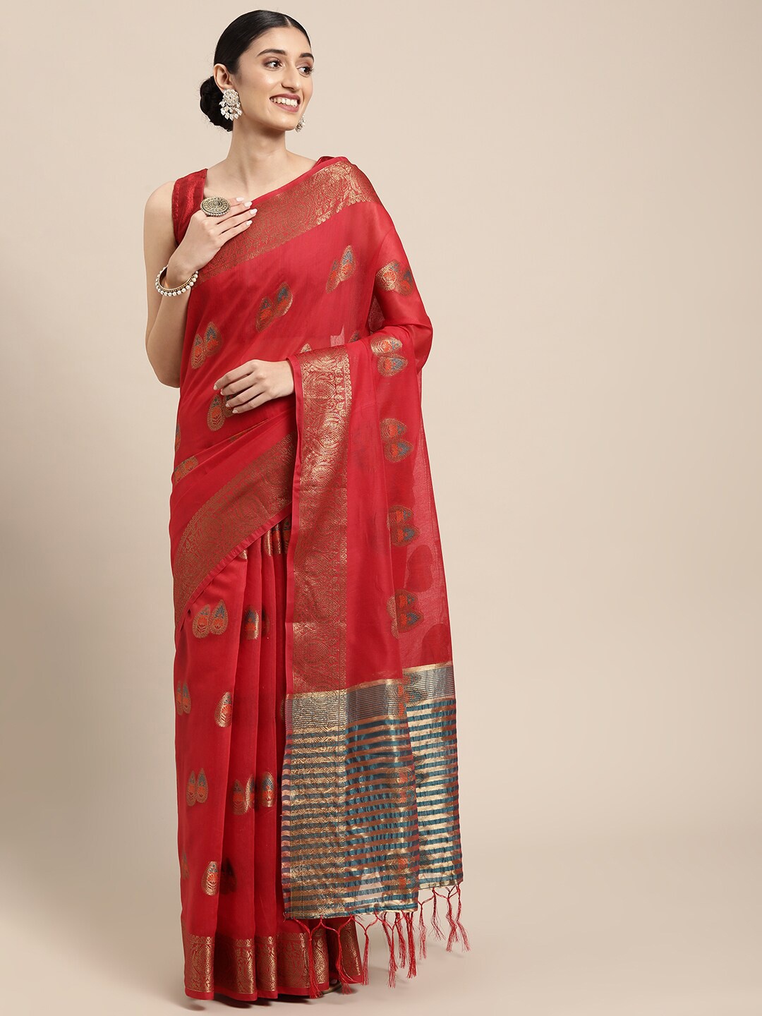 

GAJARAI Red & Blue Woven Design Zari Organza Banarasi Saree