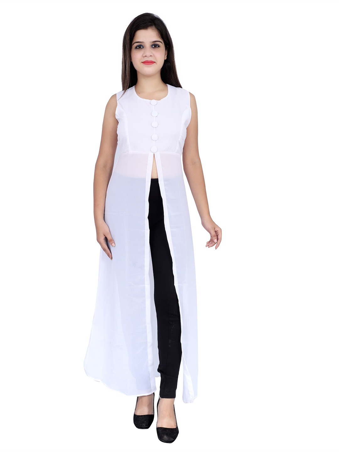 

VESICLE Women's White Solid Georgette Front Slit Straight Kurta