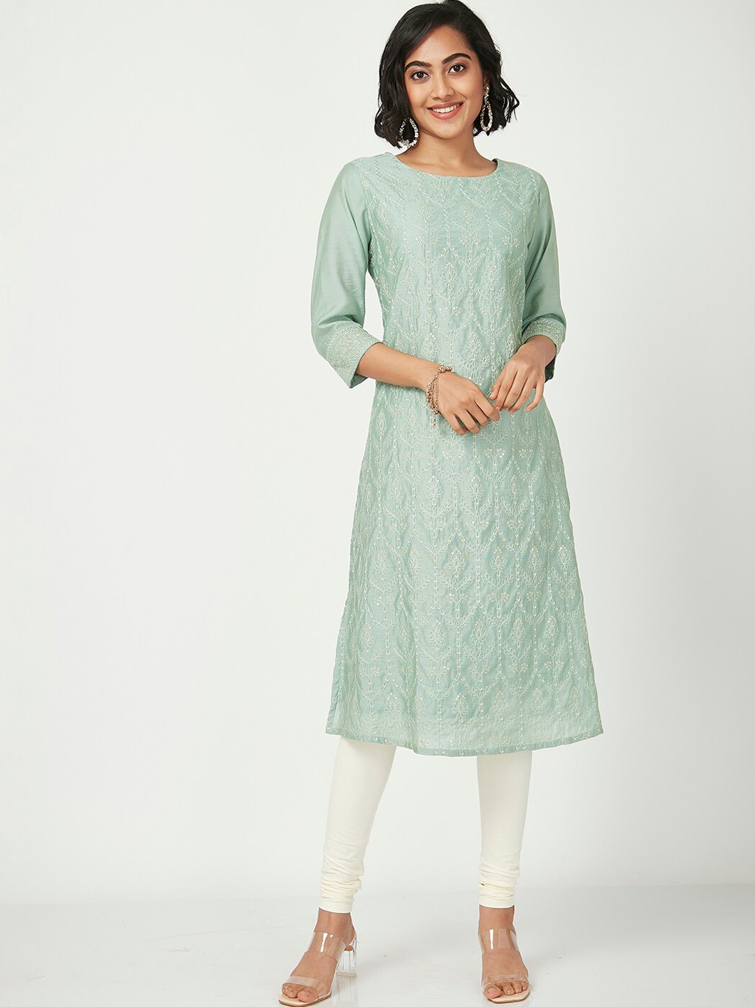 

Ethnicity Women Blue Geometric Embellished Mirror Work Anarkali Kurta