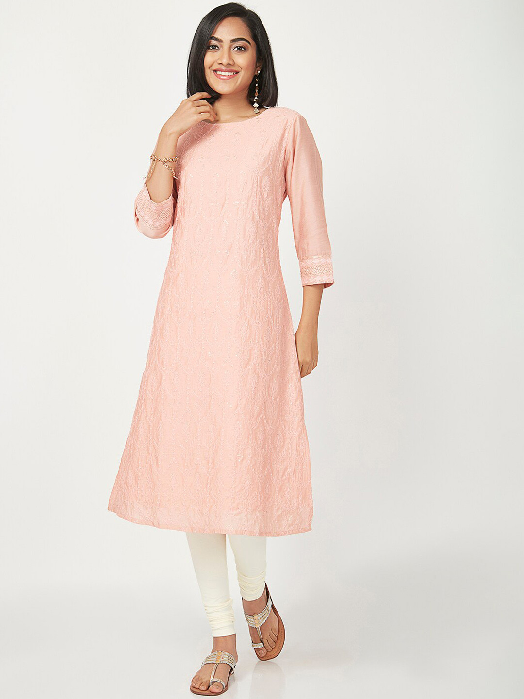 

Ethnicity Women Pink Striped Flared Sleeves Anarkali Kurta