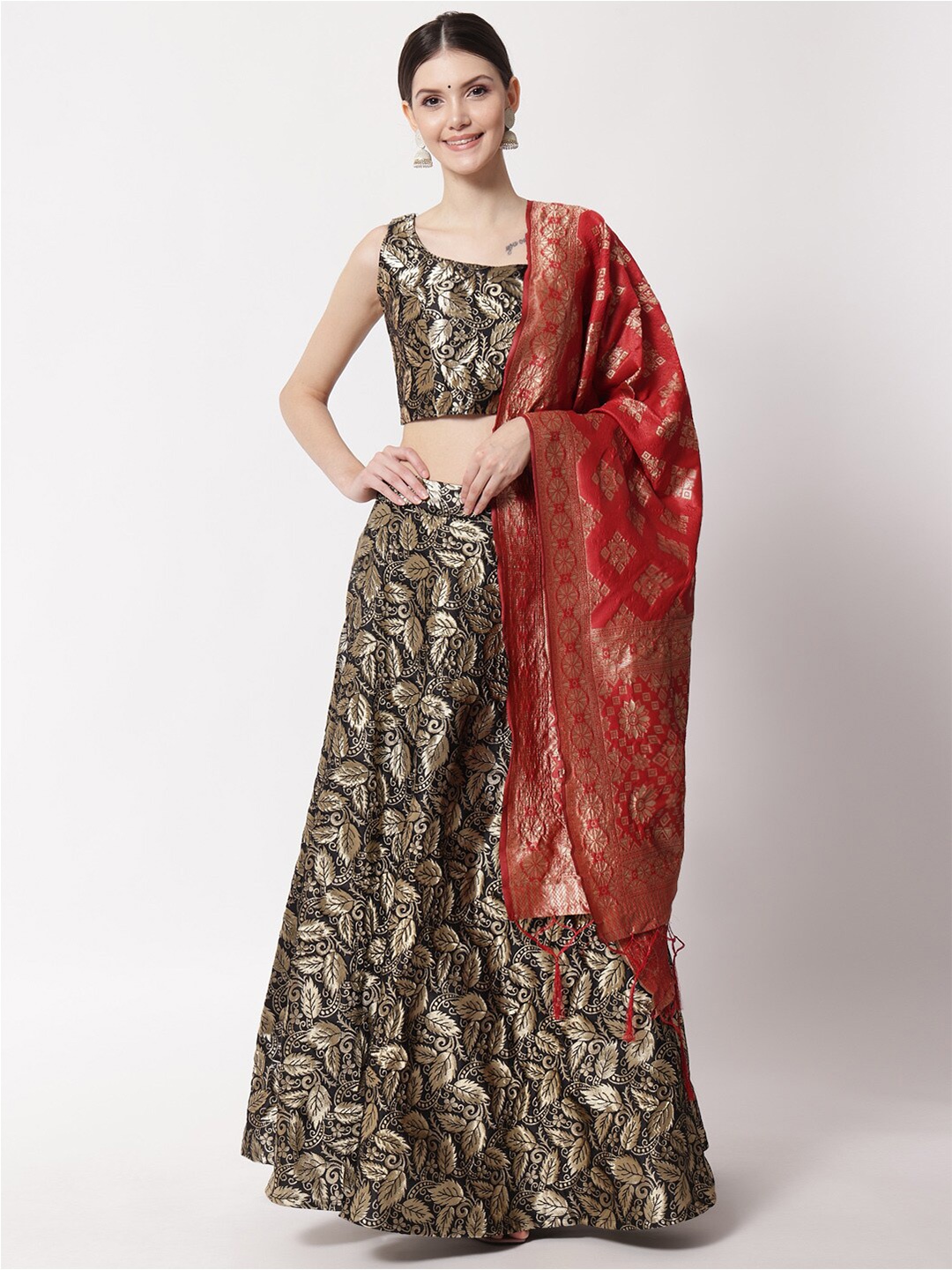 

DIVASTRI Black & Red Ready to Wear Lehenga & Unstitched Blouse With Dupatta