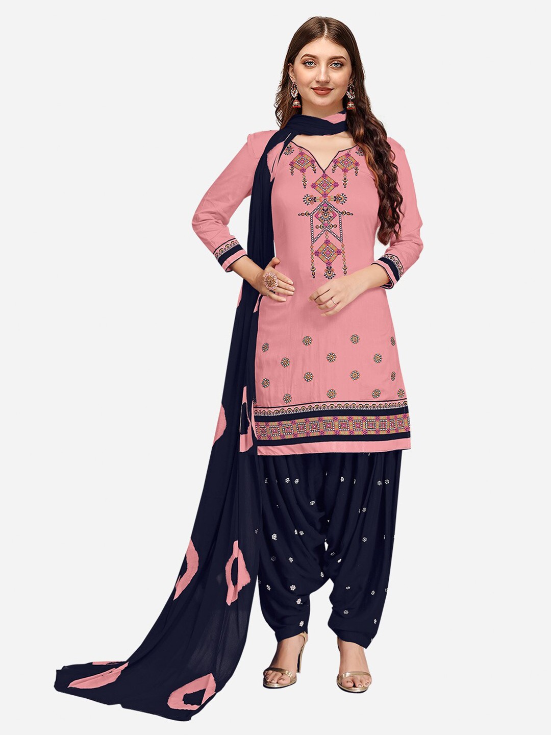 

Nivah Fashion Peach-Coloured & Navy Blue Unstitched Dress Material