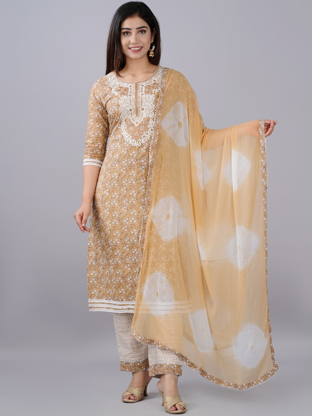 

NITVAN Women Brown Ethnic Motifs Printed Layered Mirror Work Pure Cotton Kurti with Trousers & With Dupatta