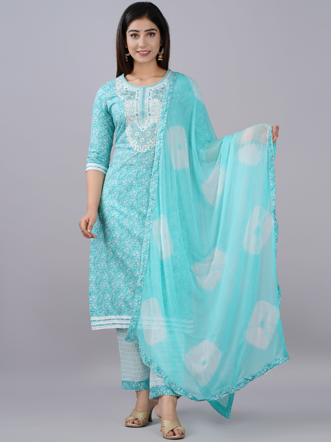 NITVAN Women Blue Floral Printed Mirror Work Pure Cotton Kurta with Churidar & With Dupatta