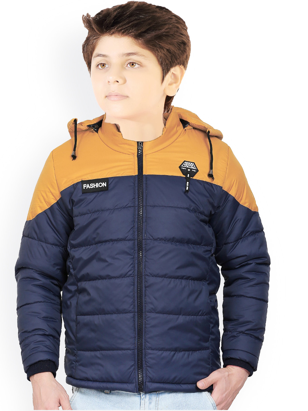 

AD & AV Boys Blue Colourblocked Water Resistant Crop Padded Jacket with Patchwork