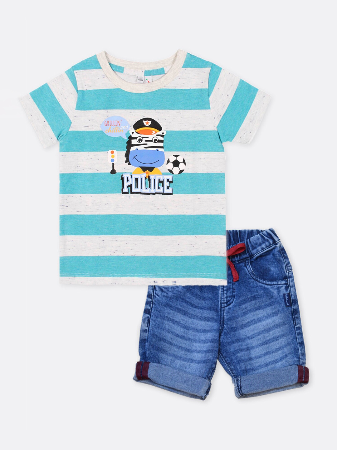 

Little Carrot Boys Blue & White Striped Pure Cotton T-shirt with Shorts